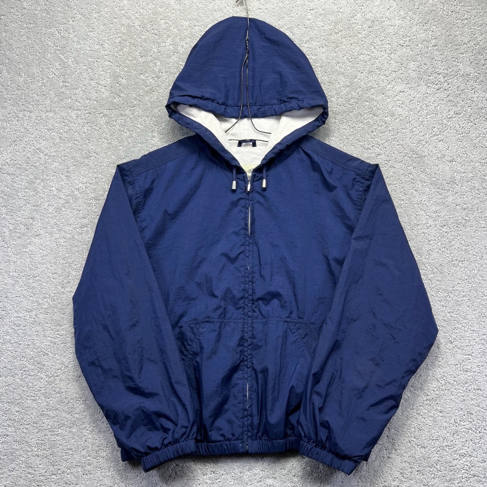 Eddie Bauer Jacket Womens Medium Navy Blue Nylon Hooded Windbreaker Cotton Lined